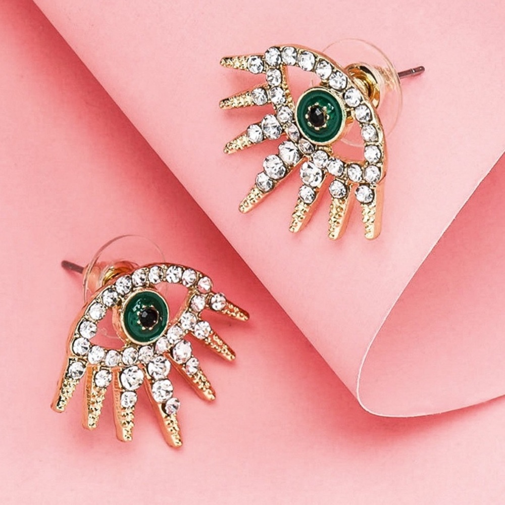 2/$20! Gold Crystal Pave Evil Eye Stud Earrings - Picture 4 of 8